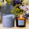 Grape Hyacinth Candle Tumbler from The Walled Garden Collection, featuring a natural wax blend and a floral fragrance of gardenia, muguet, and hyacinth.