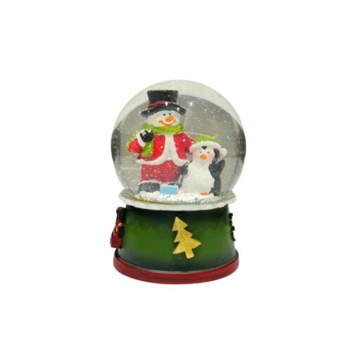 Snowman and Penguin Snow Globe - festive Christmas snow globe featuring a cheerful snowman and penguin inside a glass dome on a green and red base with a gold Christmas tree detail.