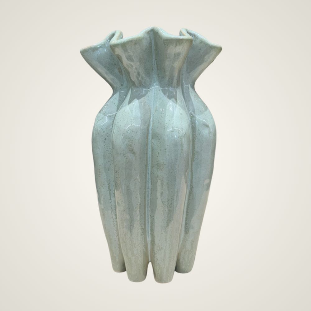 Aqua green ceramic vase with fluted detail