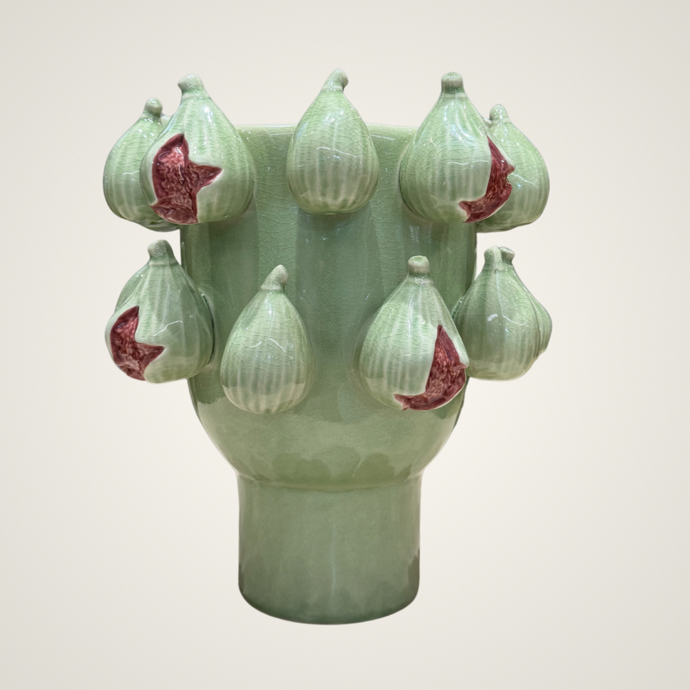 Light green ceramic vase with fig detailing